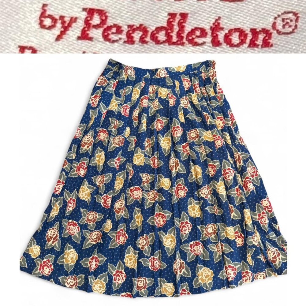 VINTAGE 80s 'Pendleton' blue polka dot & floral print PLEATED MIDI skirt!